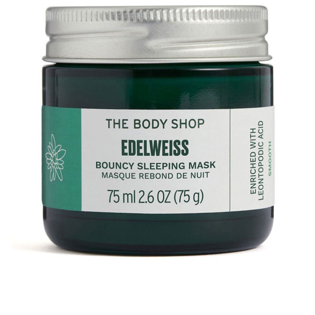 Grünes Glas mit silbernem Deckel. Aufschrift: Edelweiss Bouncy Sleeping Mask. 75 ml. Marke: The Body Shop.
