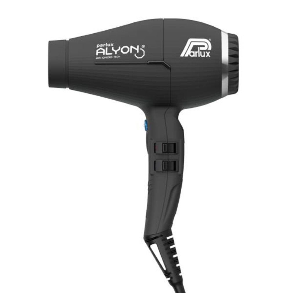 Parlux Haartrockner in Schwarz mit 'ALYON' und 'PARLUX' Logo. Leicht und leistungsstark.