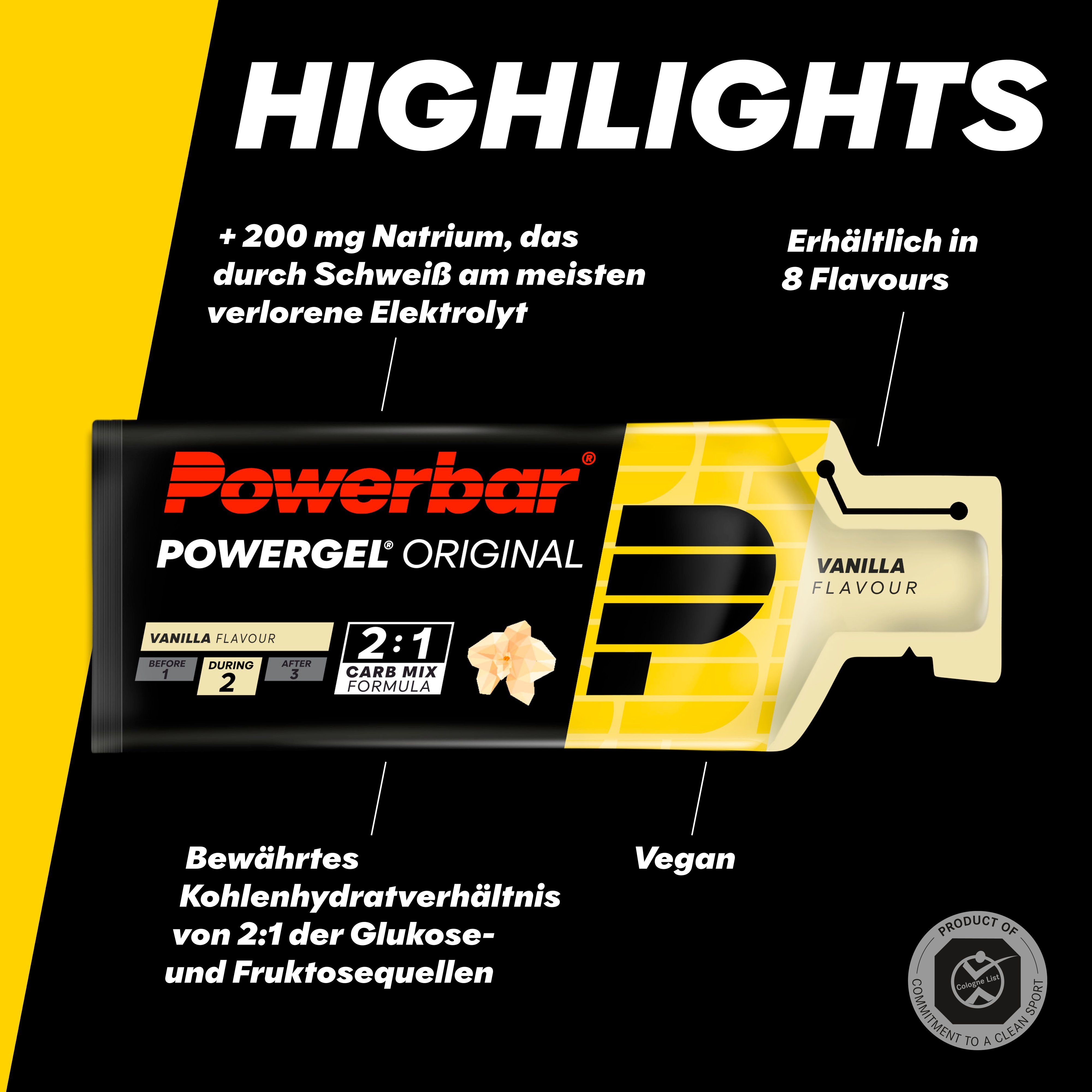 Powerbar PowerGel Original Gelpackung mit gelbem Design. Text: Vanilla Flavour, 2:1 Carb Mix Formula. Vegan. Highlights-Text.