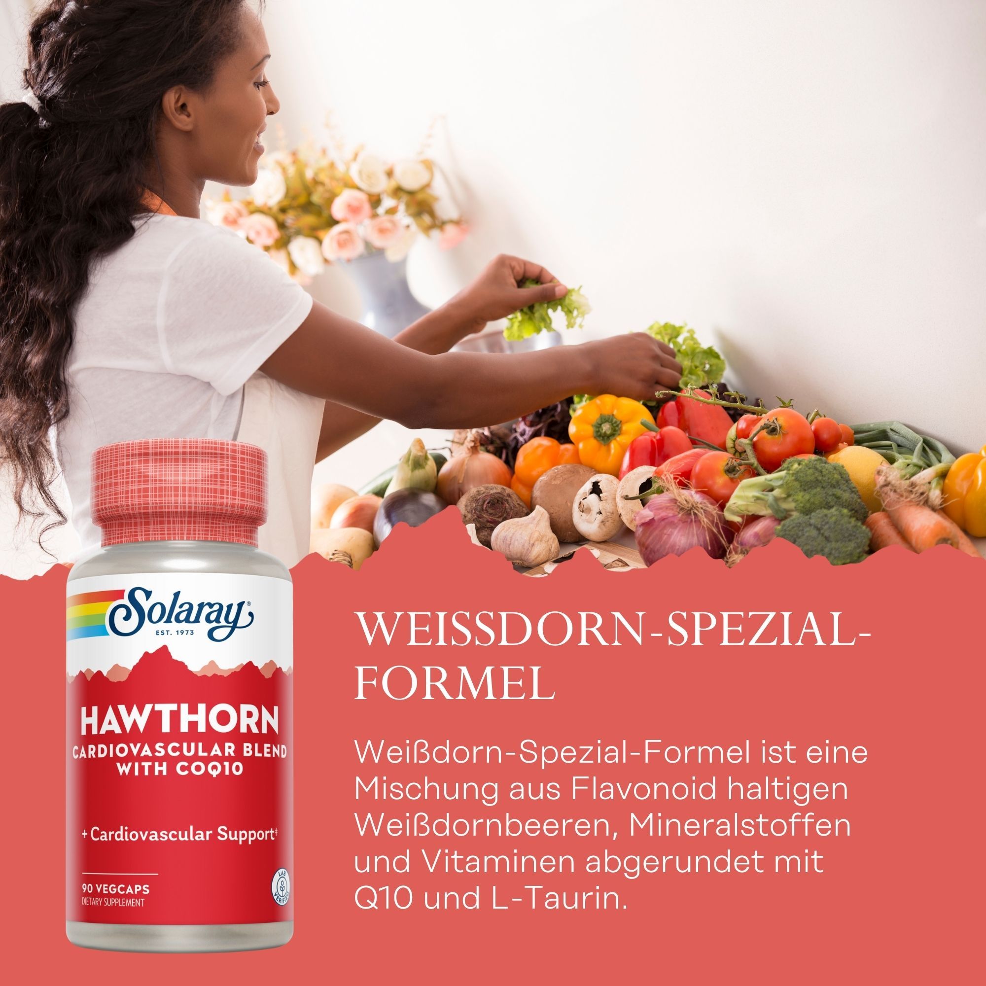 Rote Flasche Solaray Weißdorn-Spezial-Formel. Aufschrift: Hawthorn, Cardiovascular Blend with CoQ10. Frau mit Gemüse.
