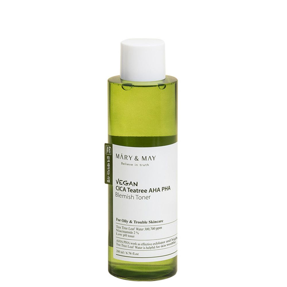 Grüne Glasflasche mit weißem Deckel, Mary & May Vegan Cica Teatree AHA PHA Blemish Toner.