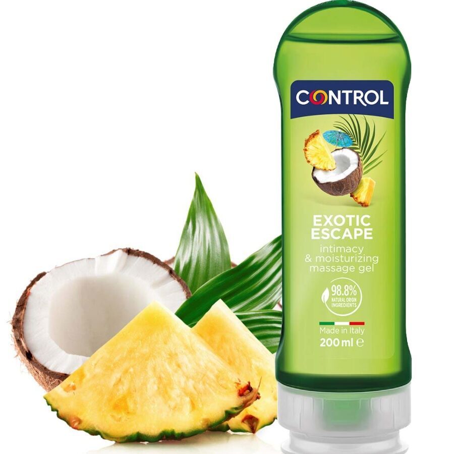 Grüne Flasche mit Produkt. Aufschrift CONTROL, Exotic Escape, Intimitäts- und Massagegel. 200 ml. Ananas und Kokosnuss.