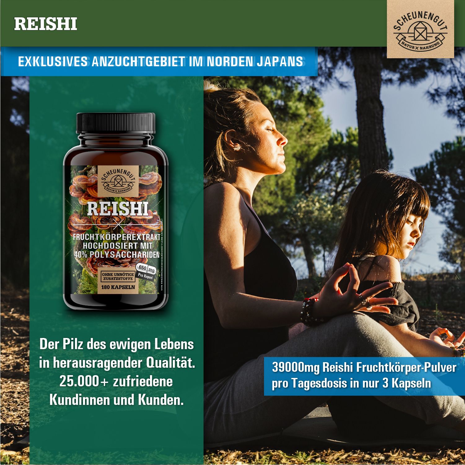 Braune Flasche Scheunengut® Reishi Extrakt Kapseln. Zwei Frauen sitzen im Wald. Aufschrift: Reishi, Fruchtkörperextrakt, 40% Polysaccharide, 180 Kapseln, 650mg.