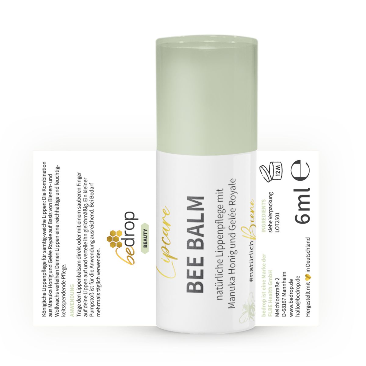 Lippenbalsam mit geöffneter Verpackung. Aufschrift: BEE BALM, Lipcare, bedrop. Inhaltsangabe und Herstellerangaben.