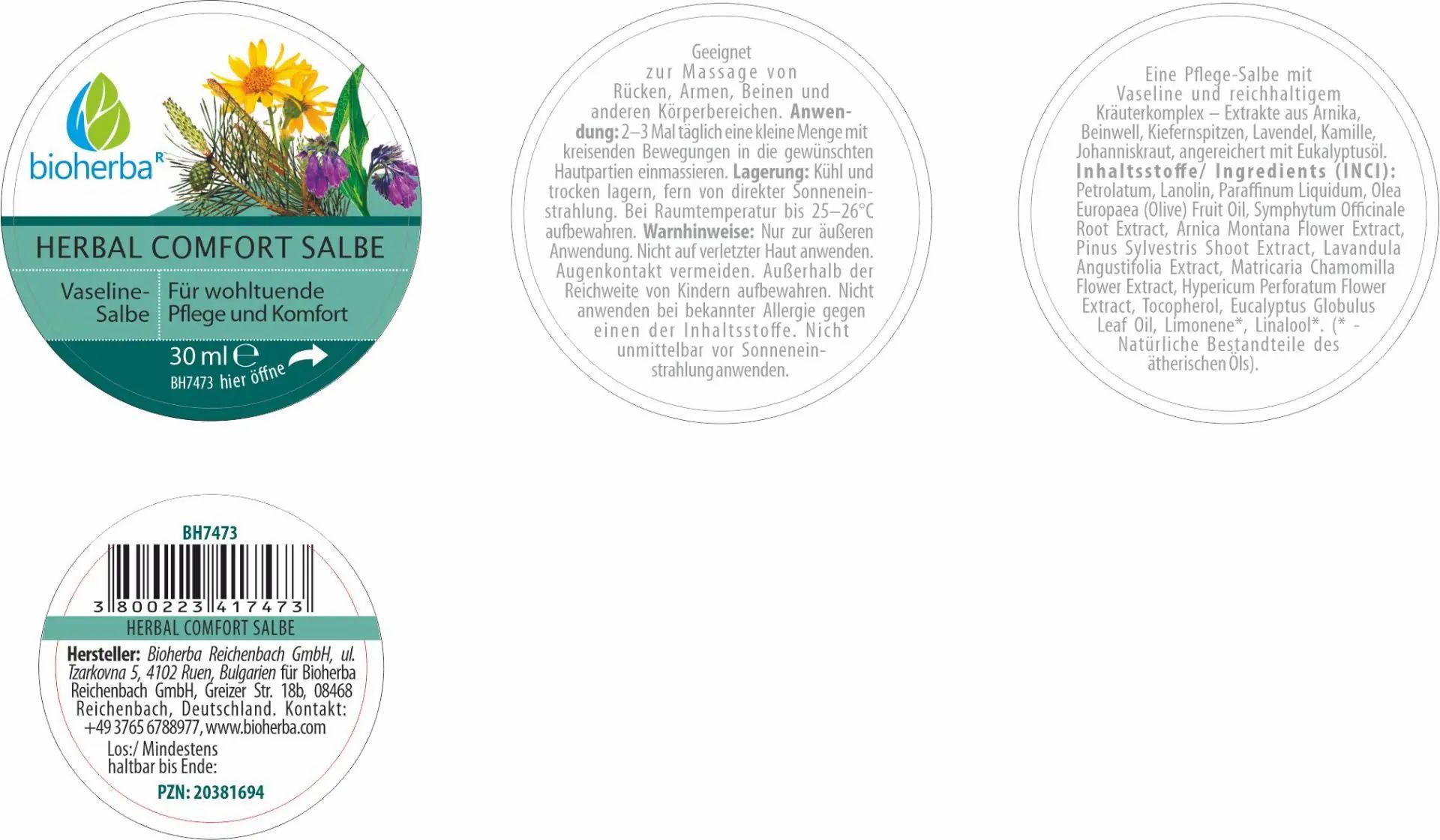 Runde Dose mit Etikett. Text: Bioherba Herbal Comfort Salbe. Vaseline. 30 ml. Pflanzenabbildung. Weitere Texte.