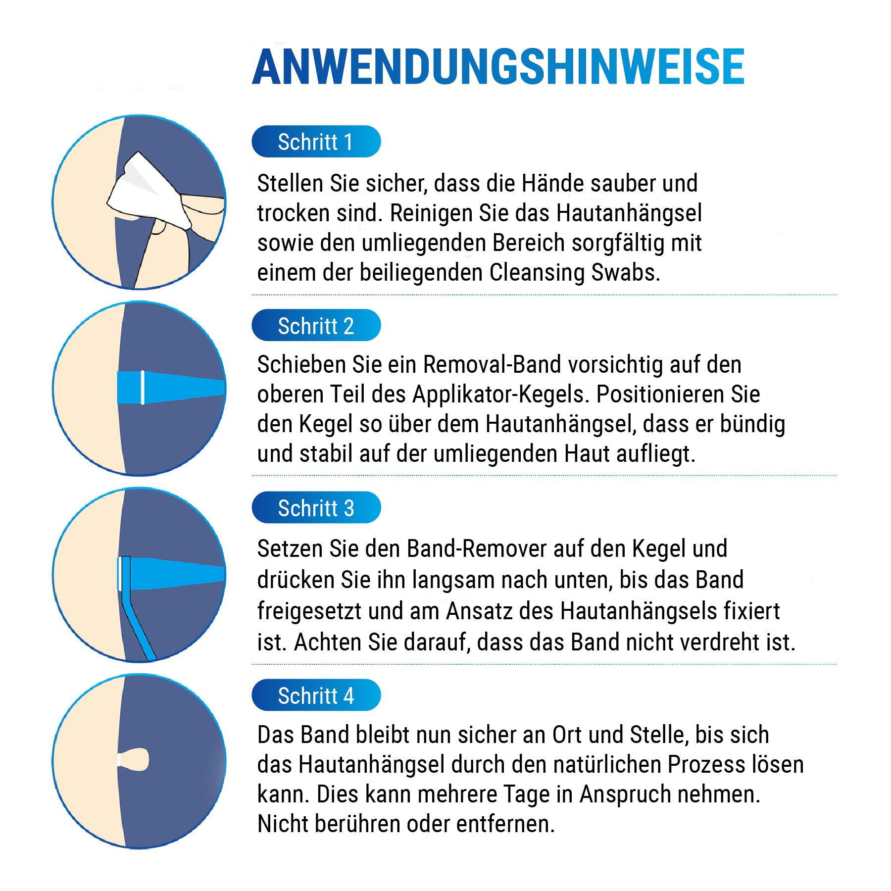 Illustrationen der Anwendungsschritte. Text: ANWENDUNGSHINWEISE. Schritte 1-4. Reinigung, Positionierung, Fixierung, Entfernung.