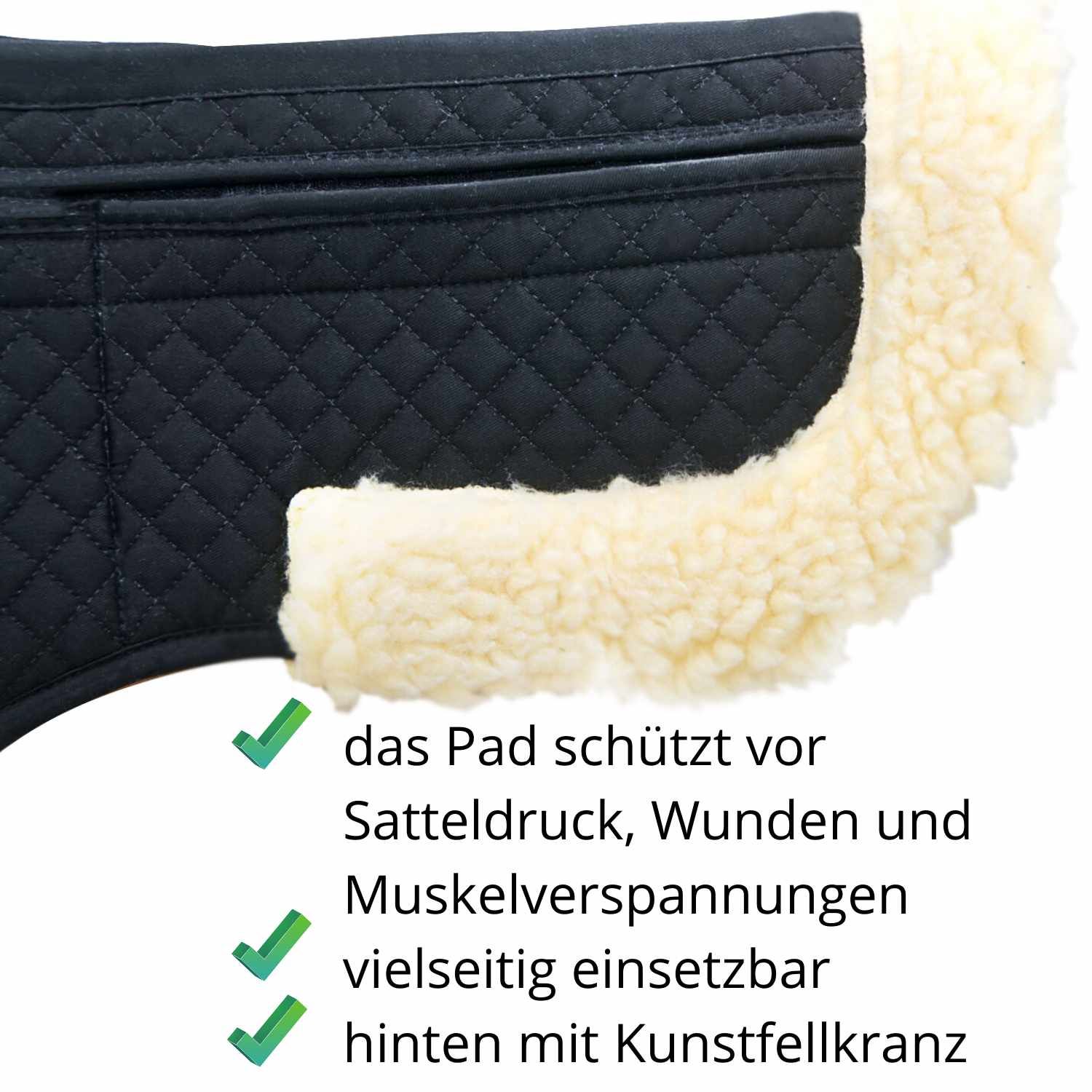 Schwarzes Sattelpad mit Kunstfellkranz. Schützt vor Satteldruck, Wunden und Muskelverspannungen. Vielseitig einsetzbar.
