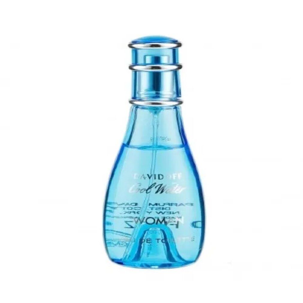 Hellblaue Flasche mit silbernem Verschluss. Aufschrift: Davidoff Cool Water Woman Eau de Toilette.