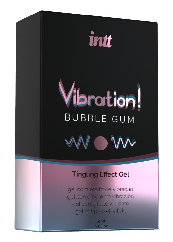 Schwarze Verpackung mit Produktnamen und Logo. Text: Vibration! Bubble Gum, Tingling Effect Gel. Mehrsprachige Produktbezeichnungen.