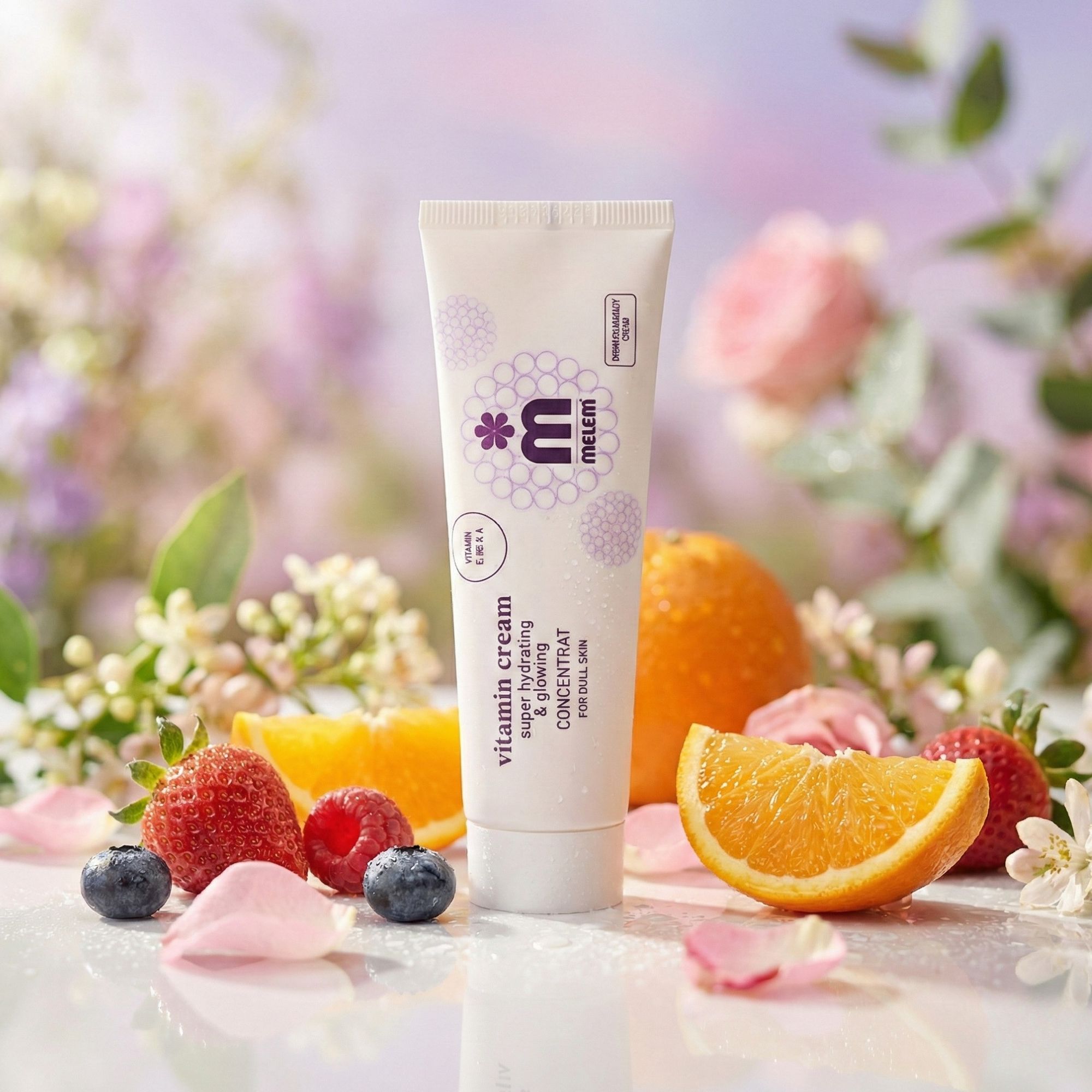 Creme-Tube mit Früchten und Blüten. Produktname und Logo sichtbar. Text: Vitamin Cream, super hydrating & glowing, CONCENTRAT für fahle Haut.