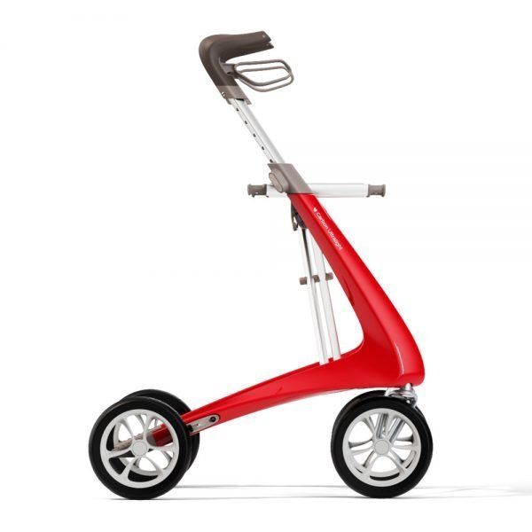Rollator in Rot mit vier Rädern. Marke Acre. Seitliche Ansicht.
