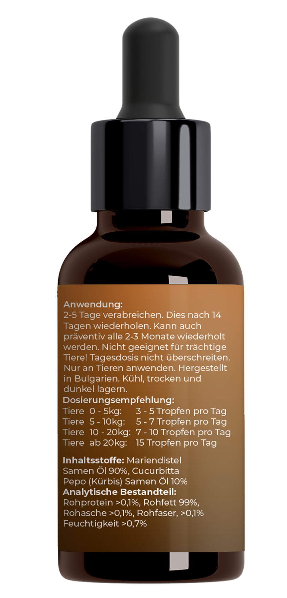 Braune Glasflasche mit schwarzem Deckel und Pipette. Etikett mit Text über Anwendung, Inhaltsstoffe und analytische Bestandteile.