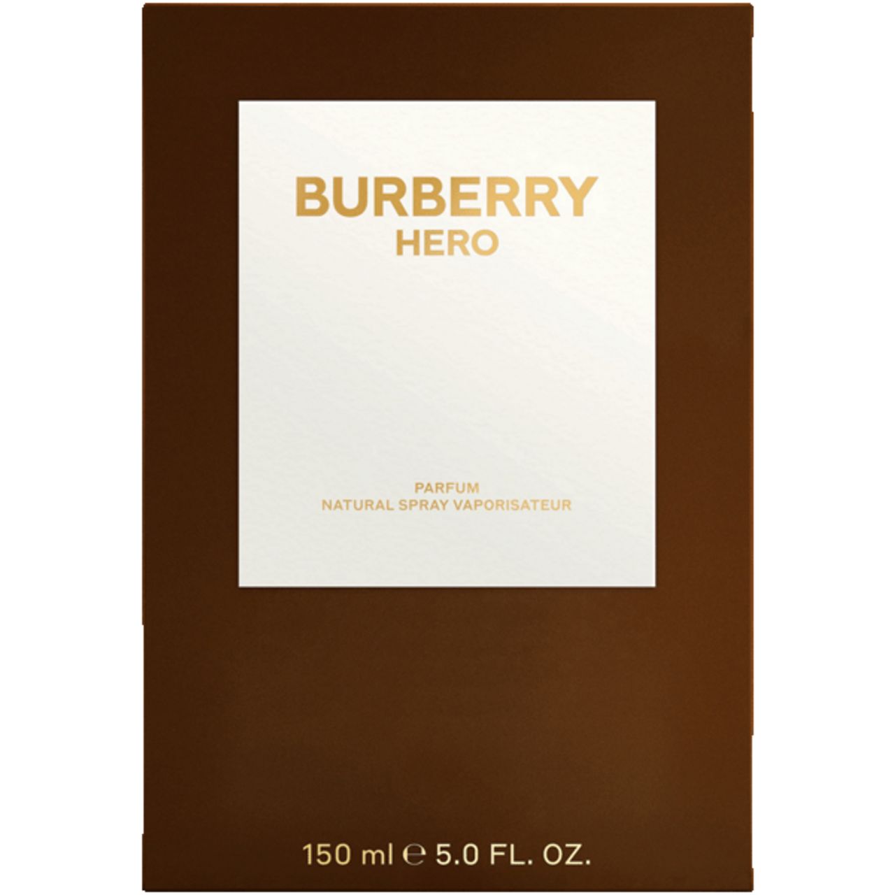 Verpackung Burberry Hero Parfum Nat. Spray. Braune Verpackung mit weißem Feld und goldfarbenem Schriftzug.