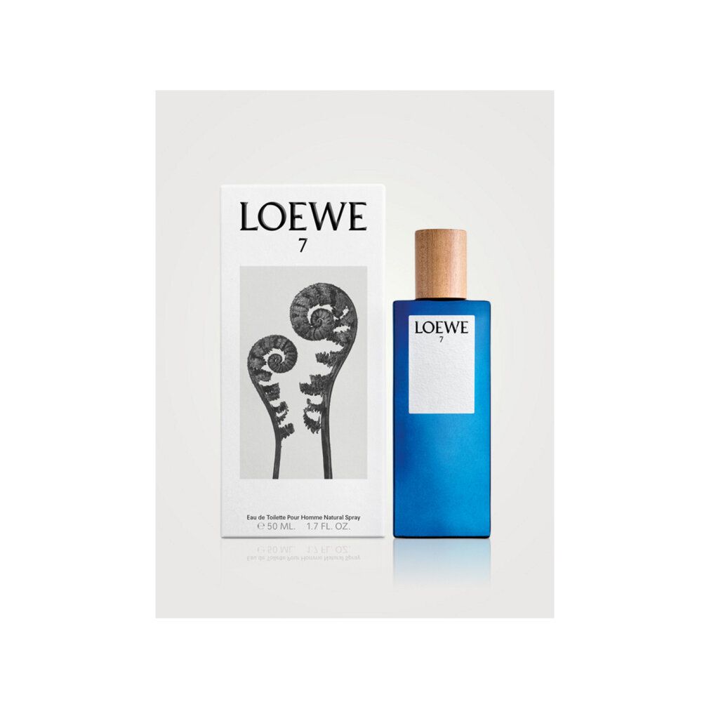Parfümflakon und Verpackung. Aufschrift "LOEWE 7". Verpackung mit Farn-Illustration.