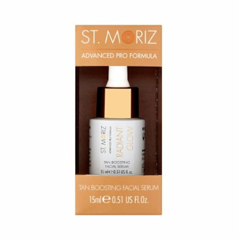 Gesichtsserum in Verpackung. Flasche mit goldener Kappe. Text: St. Moriz, Radiant Glow, Tan Boosting Facial Serum.