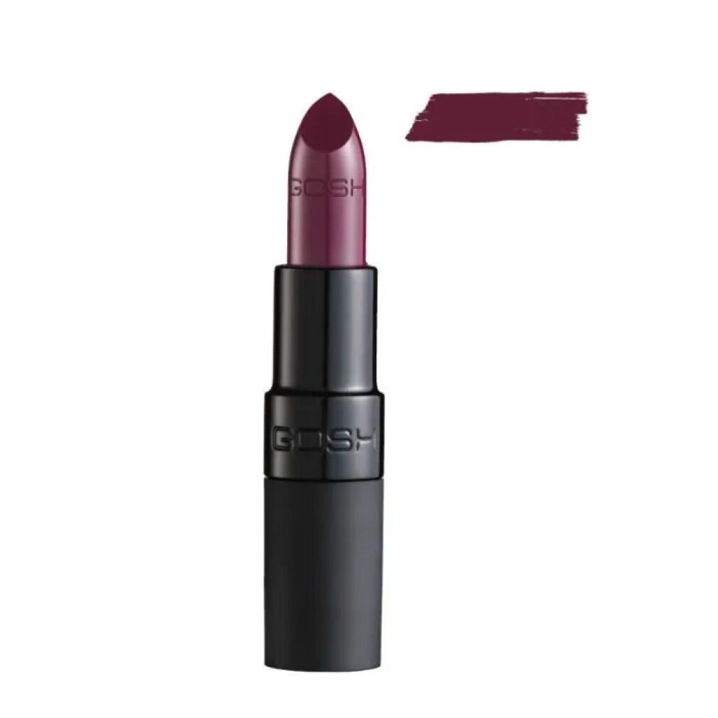 Dunkelroter Lippenstift mit Farbmuster. Schwarze Hülse mit "GOSH"-Schriftzug.