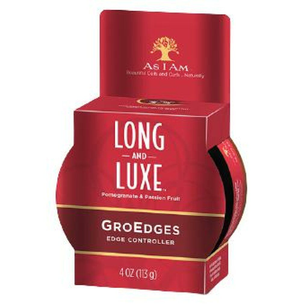 Rote Produktverpackung mit Schriftzug „LONG AND LUXE“. Enthält „GroEdges Edge Controller“. 4 OZ (113 g).