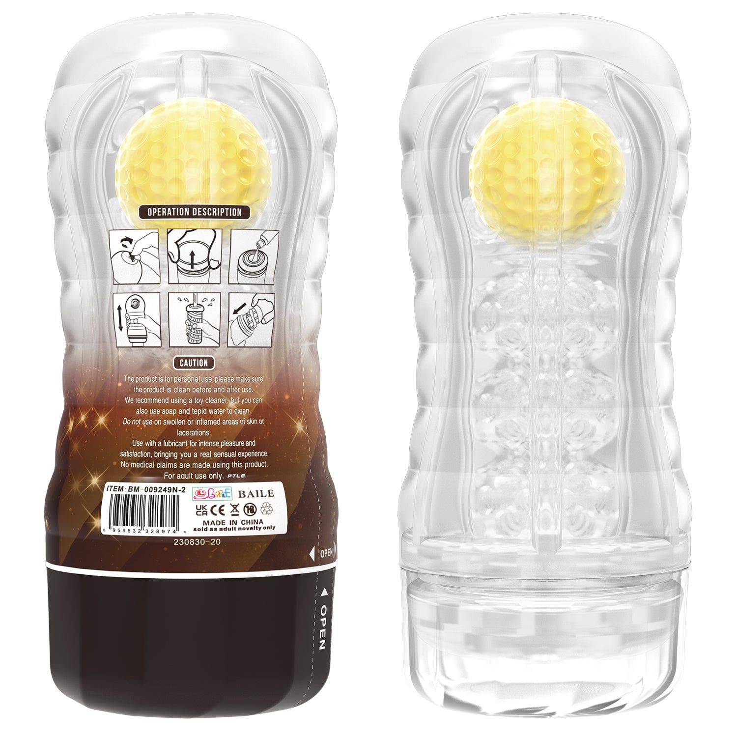 Vakuum-Cup-Masturbator. Transparentes Gehäuse, brauner Sockel. Gelber Einsatz. Text: VACUUM CUP MASTURBATOR, Stellar, PRETTY LOVE.