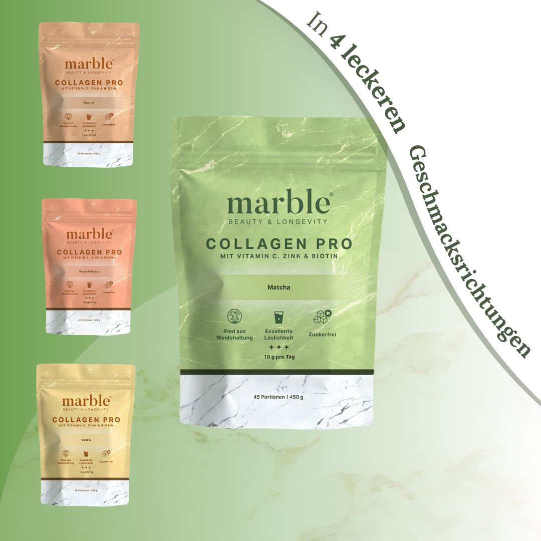 marble© Collagen Pro-Verpackungen in verschiedenen Geschmacksrichtungen. Grün-weißes Design. Text: In 4 leckeren Geschmacksrichtungen.