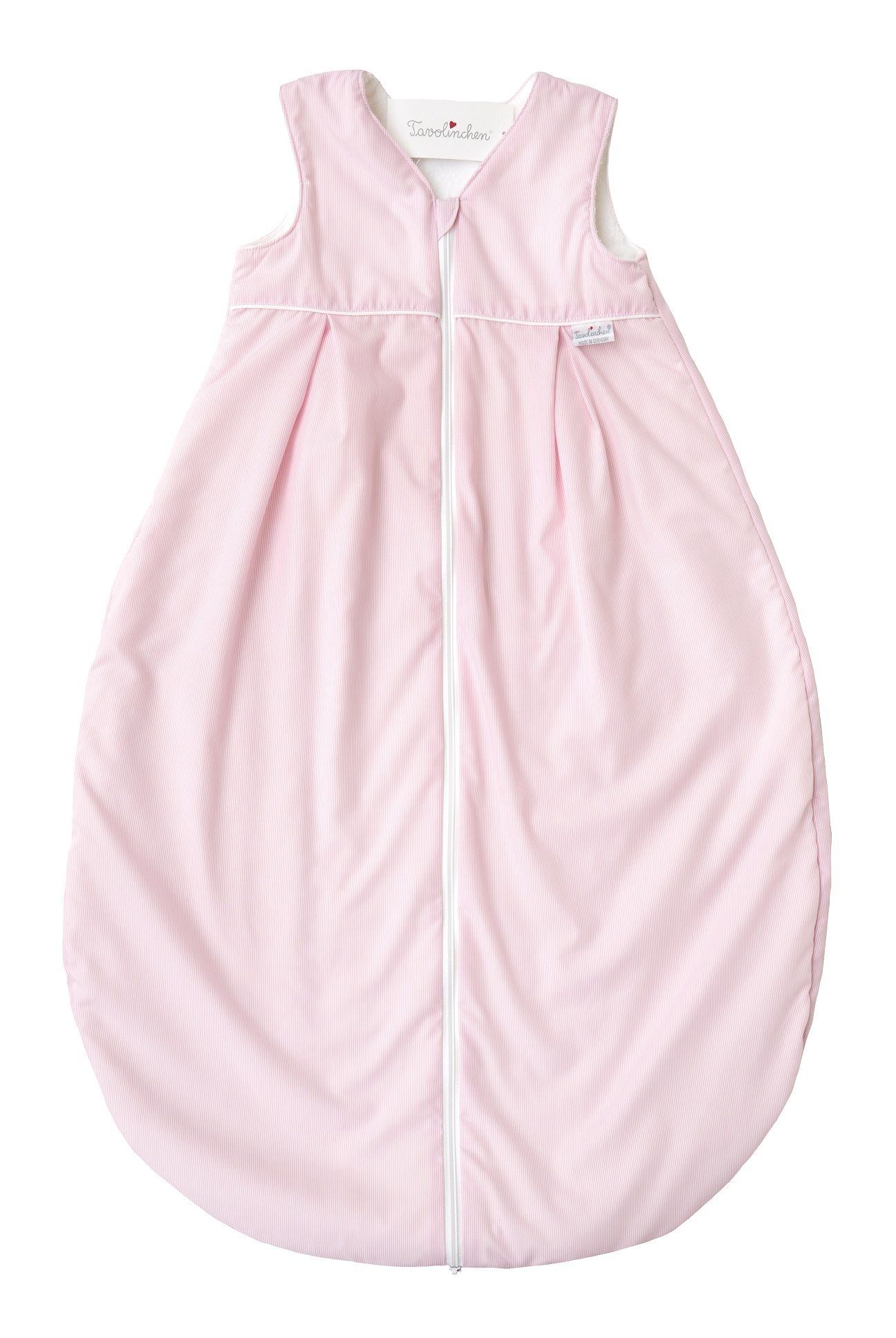 Rosa Schlafsack mit weißen Streifen und Reißverschluss. Innen weißes Frottee. Marke Tavolinchen.