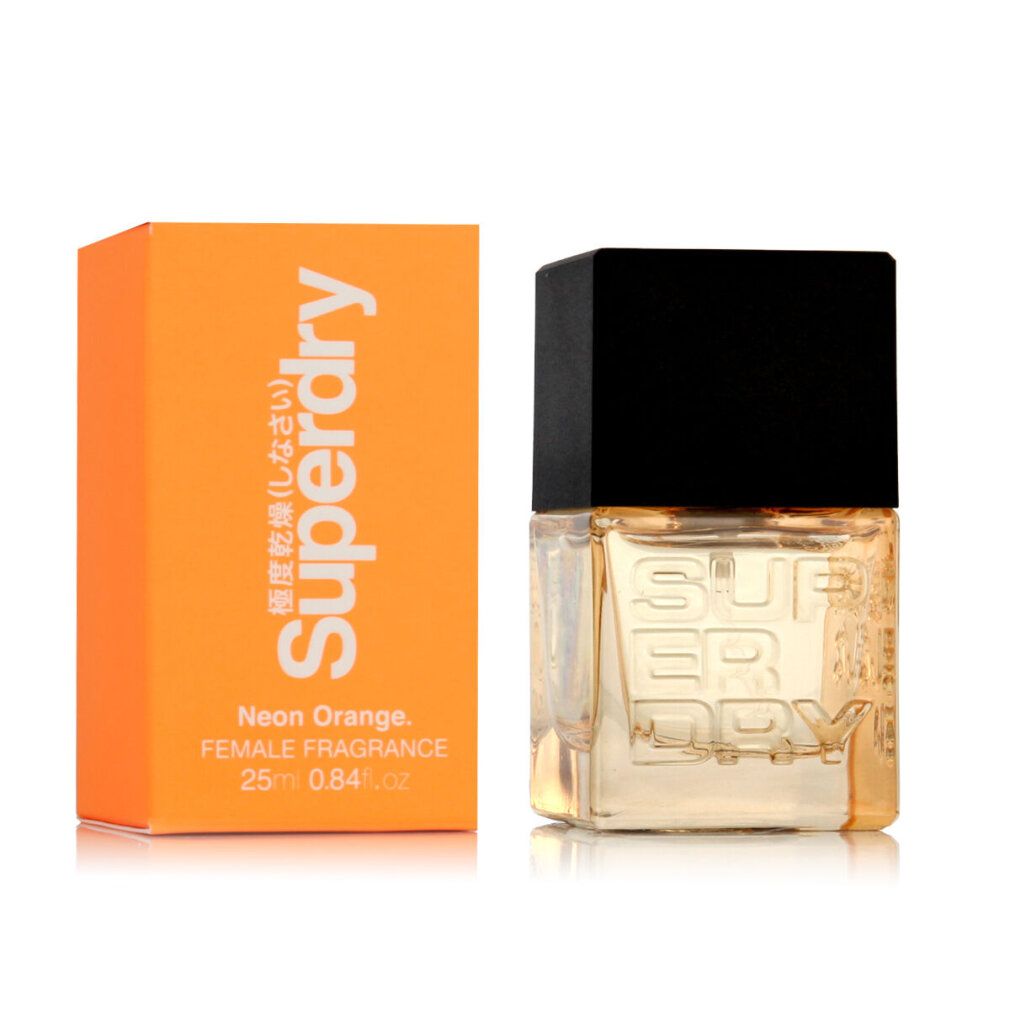 Superdry Neon Orange Eau de Cologne. Flakon und Verpackung. Flakon quadratisch, mit schwarzem Deckel. Verpackung orange mit Schriftzug Superdry.