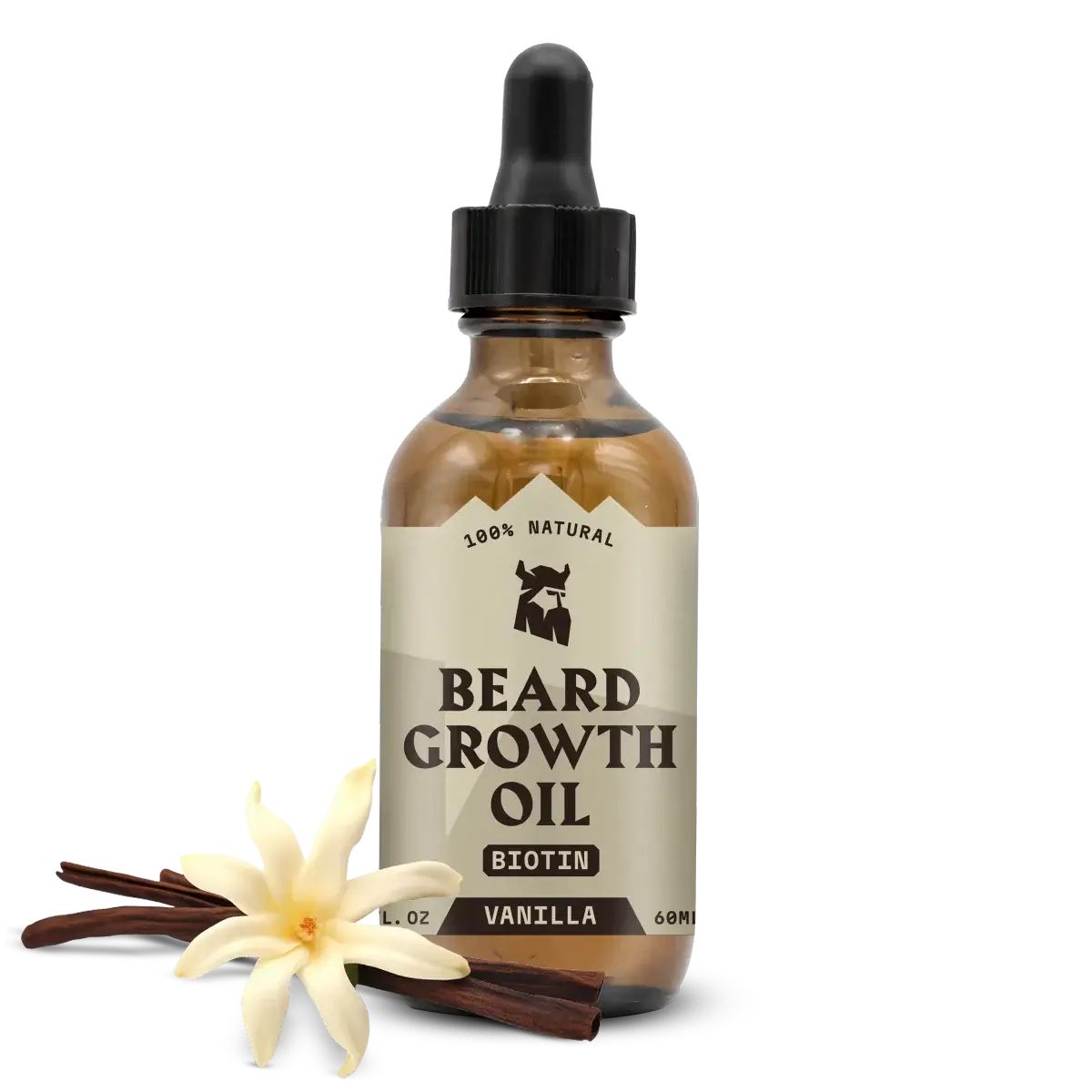 Braunglasflasche mit schwarzem Tropfer. Aufschrift: Beard Growth Oil, Biotin, Vanille. Daneben: Blüte und Zimtstangen.