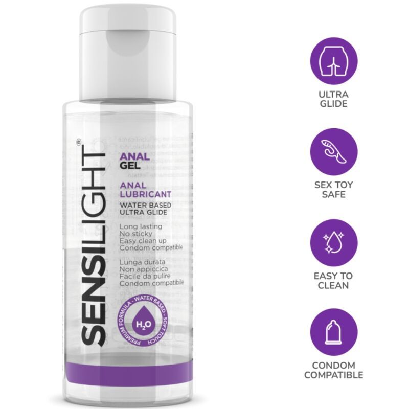 Sensilight Anal Gel Flasche mit Wasserbasis, ultra gleitfähig, lange haltbar, nicht klebrig, leicht zu reinigen, kondomkompatibel. Icons: Ultra Glide, Sex Toy Safe, Easy to Clean, Condom Compatible.