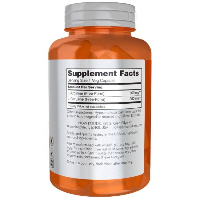Rückseite einer orangefarbenen Flasche mit Nährwertangaben für Arginin & Citrulline Kapseln.