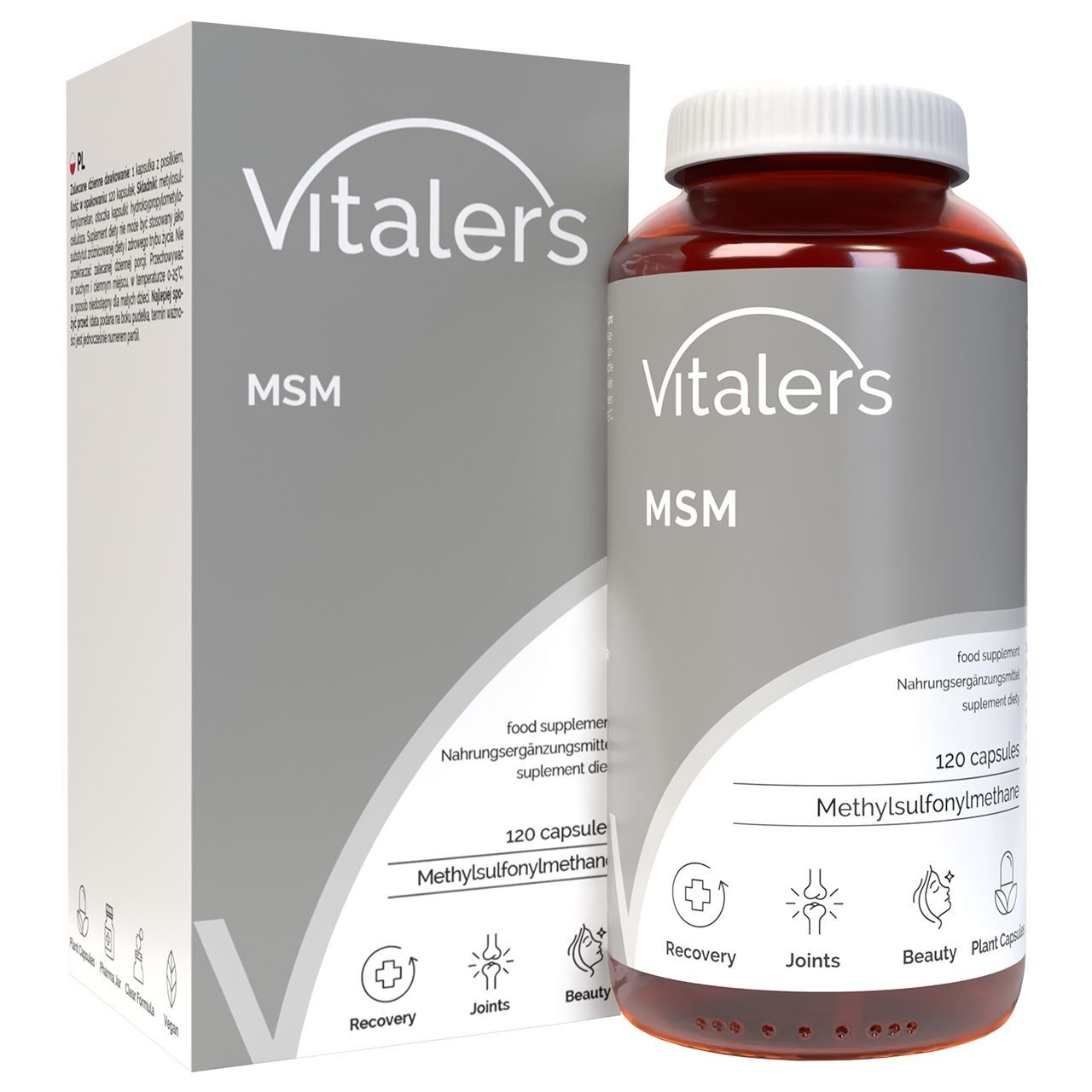 Vitaler's MSM Kapseln in Braunglasflasche mit weißem Deckel, daneben die Verpackung.