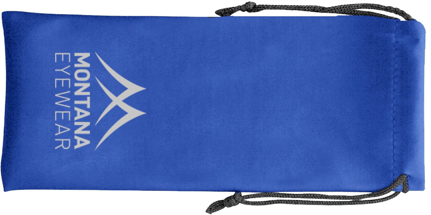 Blaues Brillenetui mit Kordelzug. Aufgedrucktes Logo und Schriftzug "MONTANA EYEWEAR".