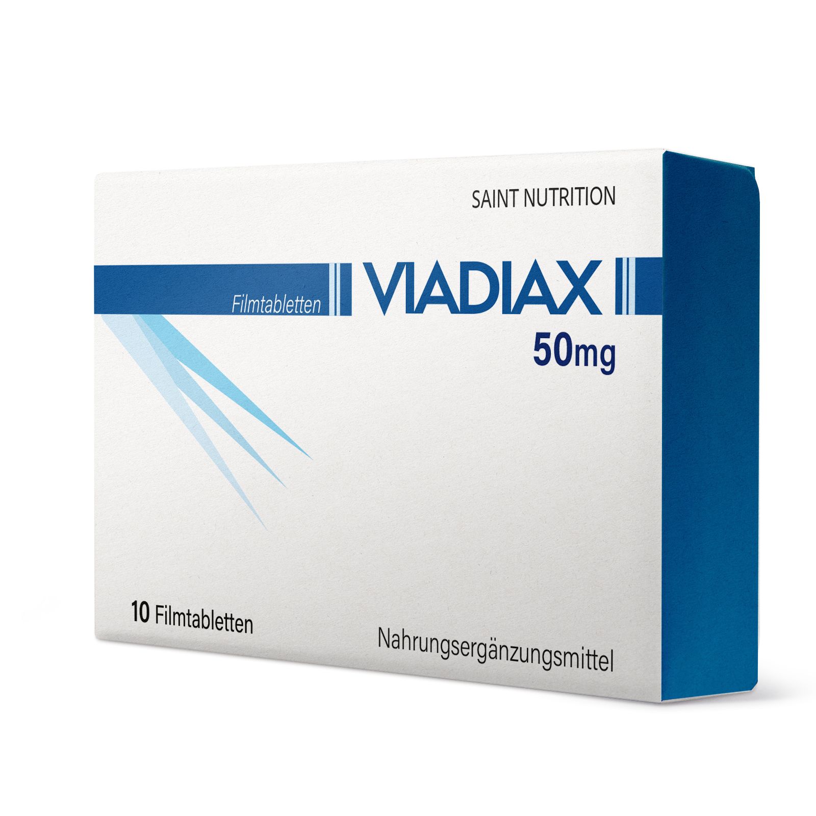 Weiße Viadiax® Filmtabletten-Schachtel mit blauer Schrift und Akzenten. Enthält 10 Tabletten. Aufschrift: 50mg. Marke: Saint Nutrition.