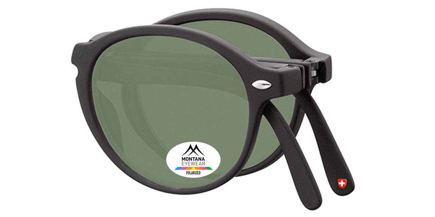 Faltbare Sonnenbrille, schwarz, runde Gläser, grün getönt. Logo und Schweizer Kreuz auf dem Bügel.