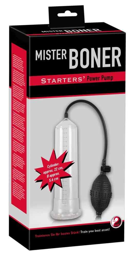 Verpackung mit Produkt. Aufschrift: Mister Boner Starters' Power Pump. Zylinder, ca. 22 cm x 5,6 cm. Schwarze Pumpe und Schlauch.