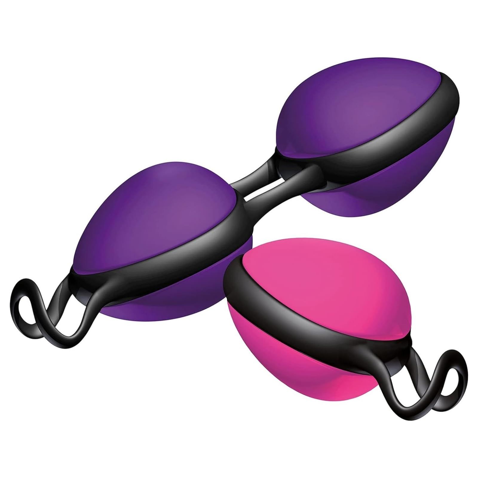 Zwei JOYDIVISION Joyballs in Lila und Pink mit schwarzen Verbindungen und Ringen.