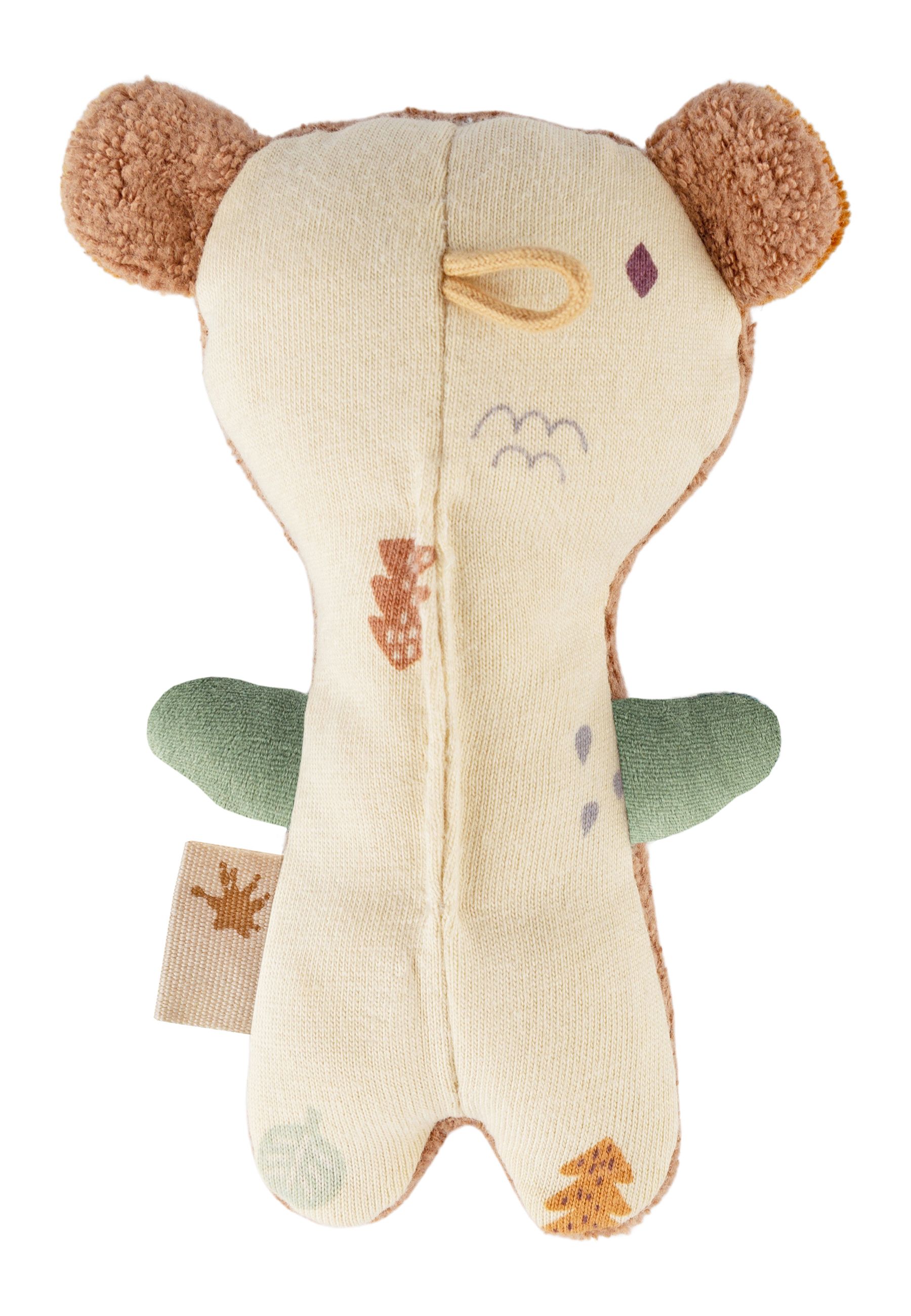 Rassel-Greifling, Stofftier-Bär, beige-braun, grüne Flügel, aufgenähte Details. Rückansicht, Naht sichtbar.