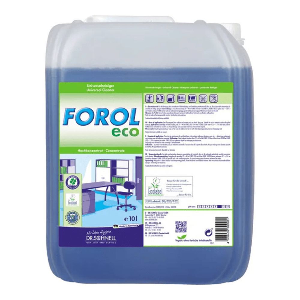 Blaues Reinigungsmittel in einem rechteckigen Kanister. Aufschrift FOROL eco, darunter Büro-Illustration. Mit EU Ecolabel.