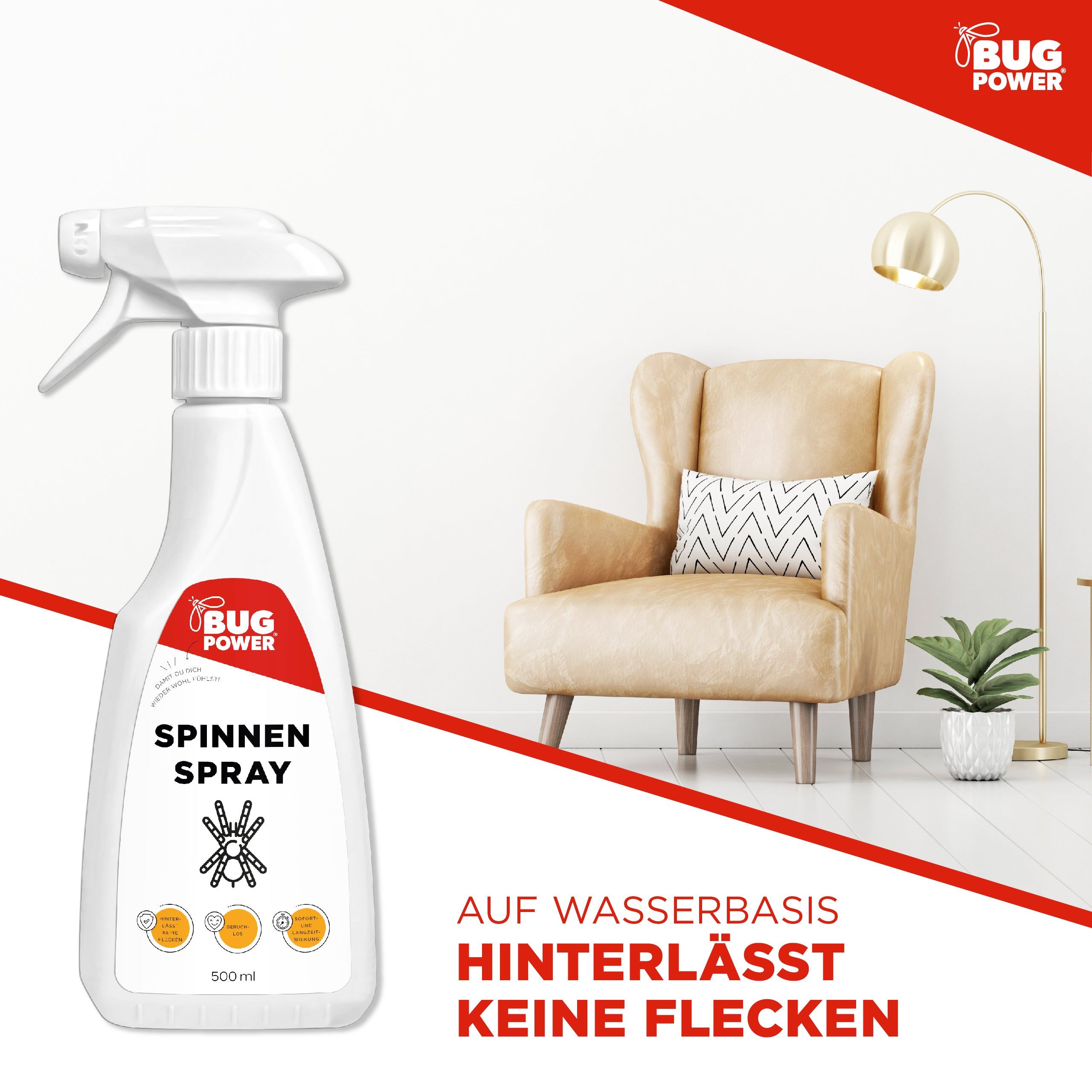 Sprühflasche "BUG POWER SPINNEN SPRAY" vor Wohnzimmerhintergrund. Text: Auf Wasserbasis, hinterlässt keine Flecken.