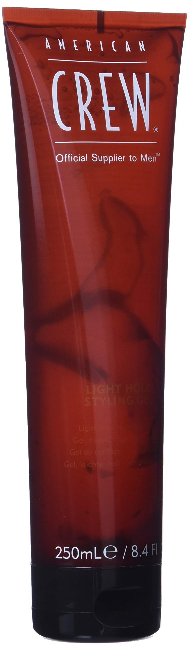 Braune Tube mit weißem Schriftzug AMERICAN CREW. Aufschrift: LIGHT HOLD STYLING GEL. Schwarzer Verschluss. 250ml/8.4 FL. OZ.