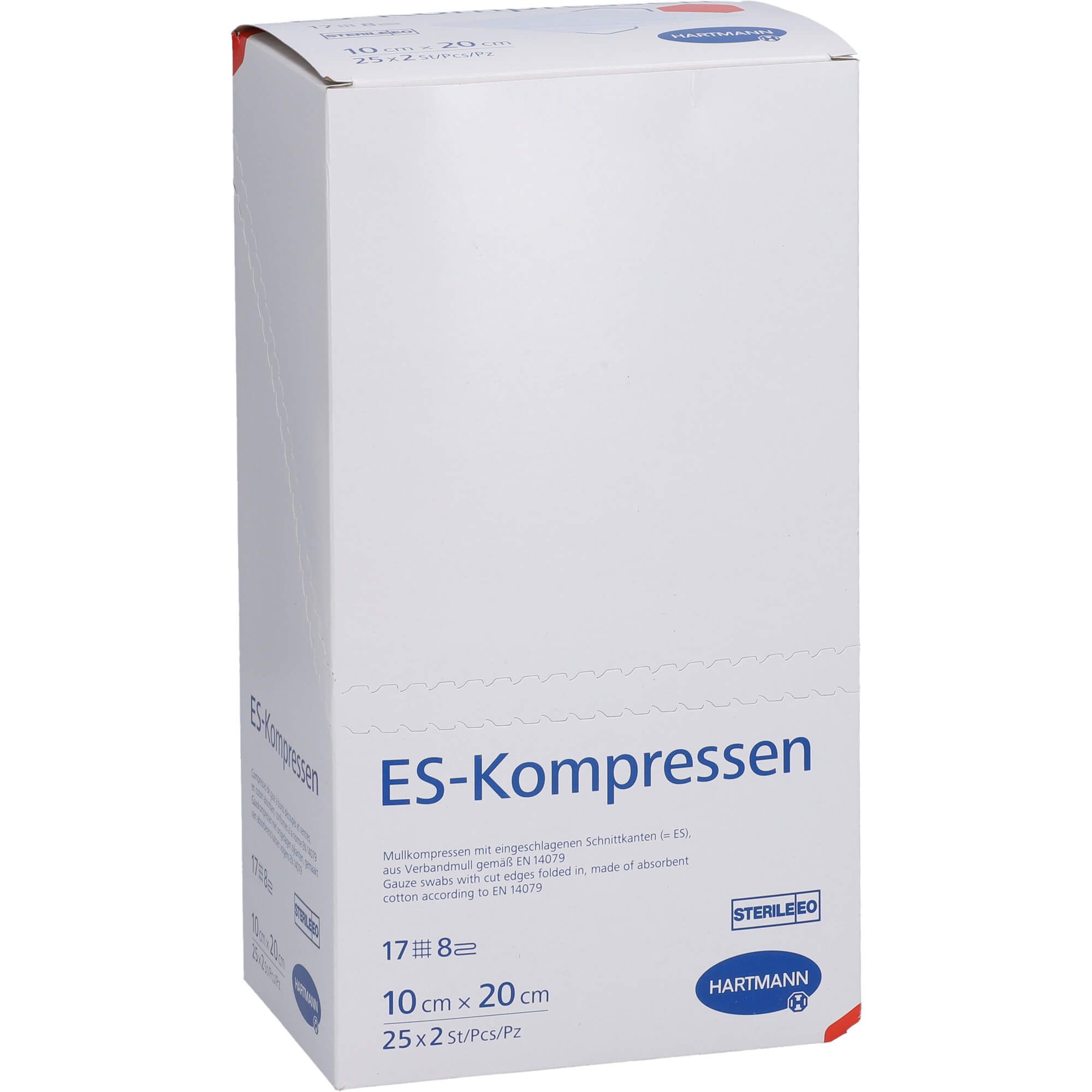 Weiße Verpackung mit blauer und roter Schrift. Aufschrift: ES-Kompressen, 10 cm x 20 cm, 25 x 2 Stück. Marke: Hartmann. Steril.