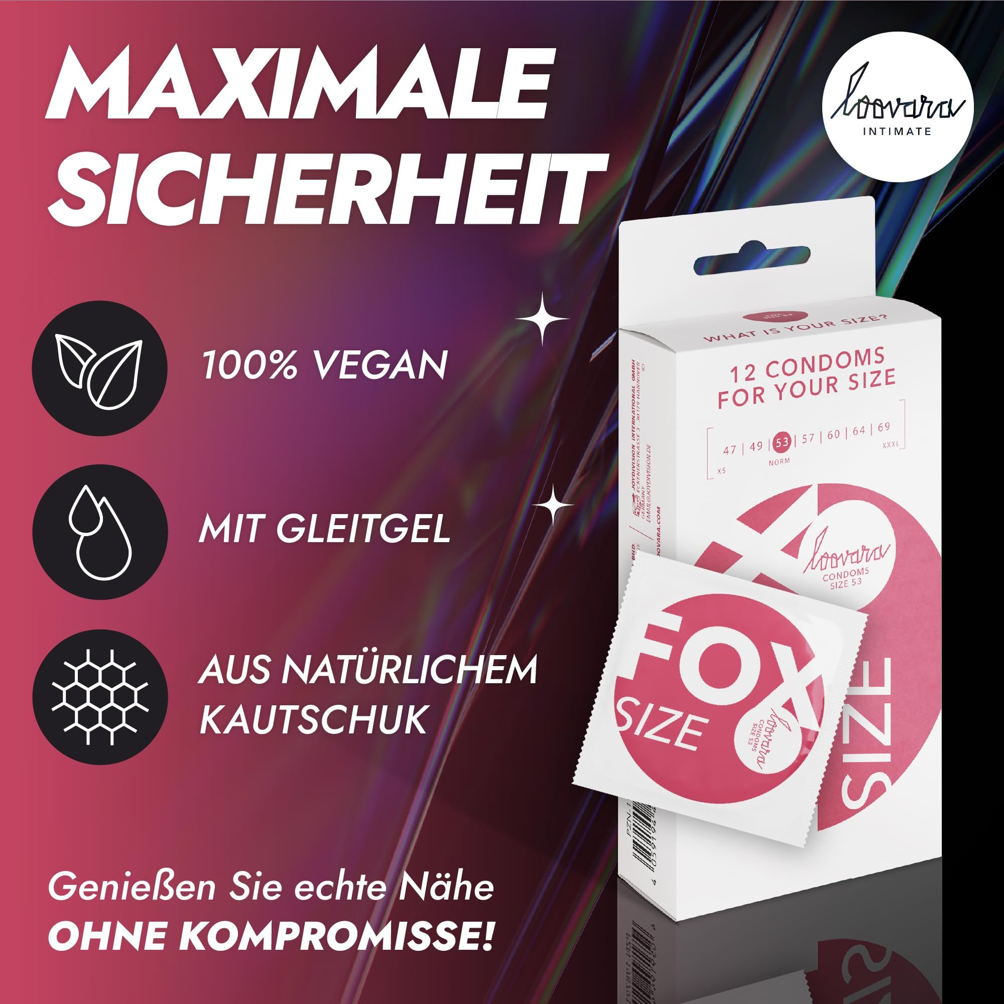 Loovara Kondompackung mit Icons für vegan, Gleitgel und Naturkautschuk.