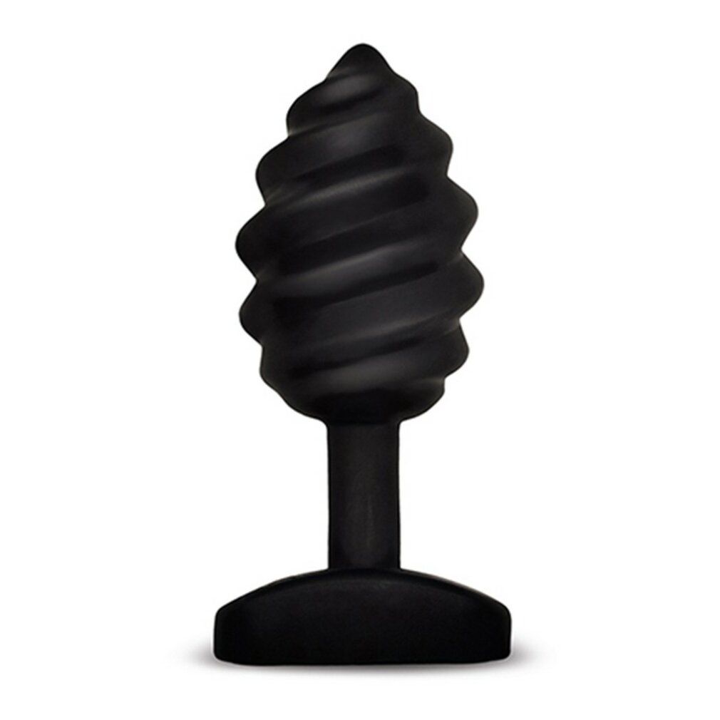 Schwarzer Plug mit spiralförmiger Form. Er hat einen runden Sockel und einen zylindrischen Schaft.