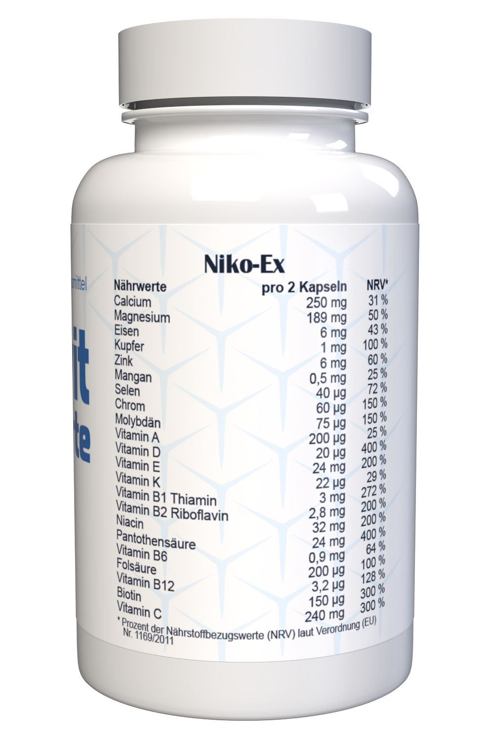 Weiße Flasche mit Text und Nährwerttabelle. Enthält Kapseln. Angaben pro 2 Kapseln.
