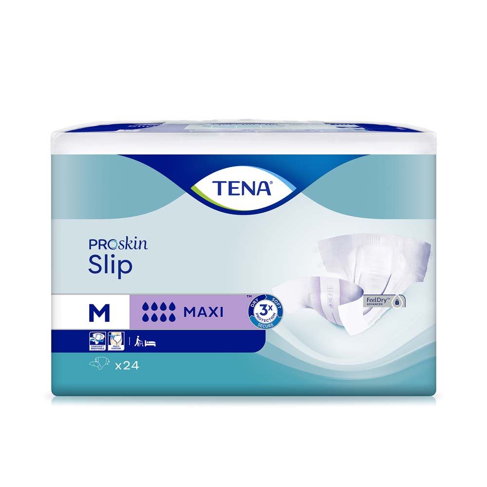 Verpackung TENA ProSkin Slip Maxi M. Blaue Verpackung mit Produktbezeichnung, Saugstärken-Symbolen und Produktabbildung.