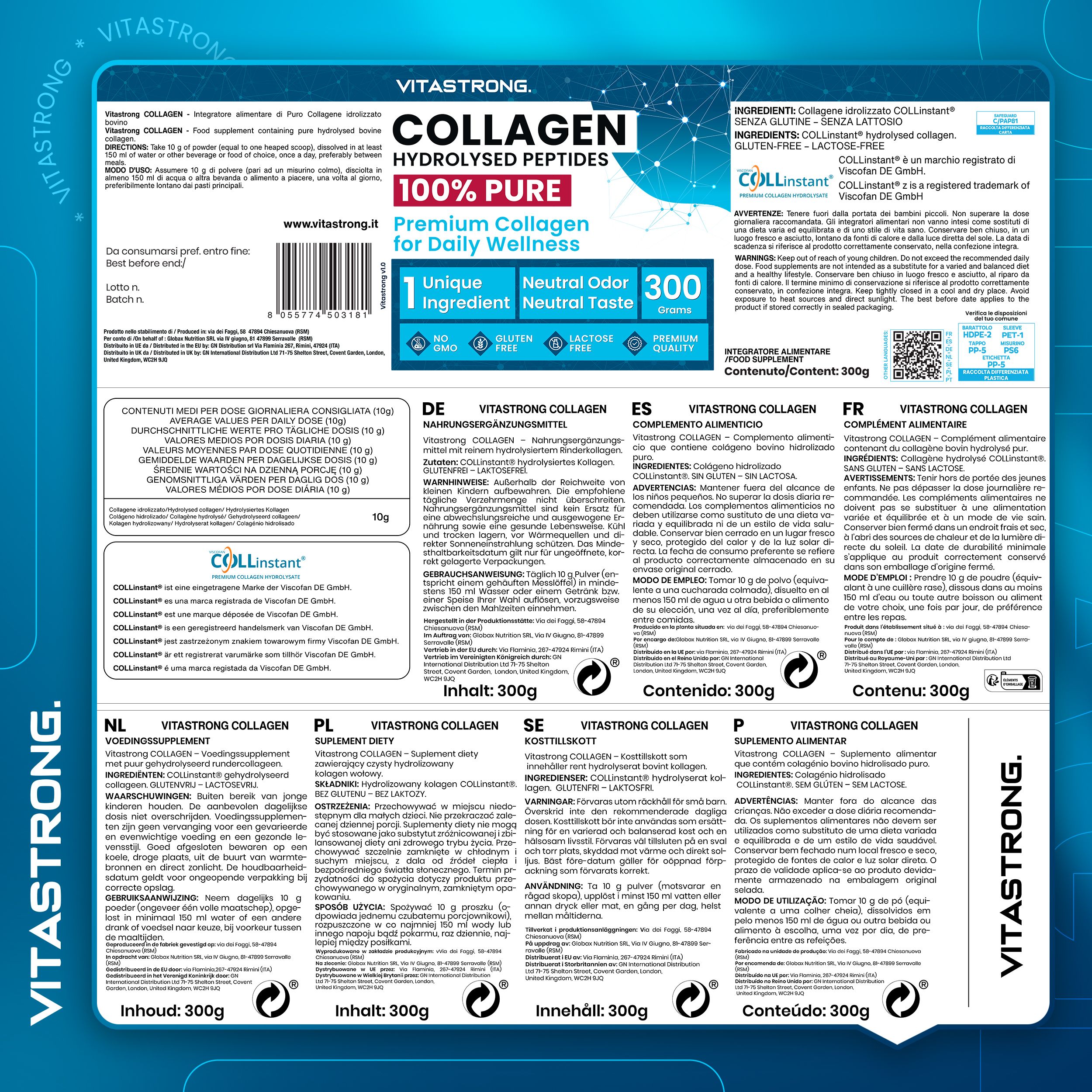 Rückseite der Vitastrong Kollagen Verpackung. Mehrsprachiger Text. Inhaltsstoffe, Nährwerte, Anwendungshinweise.