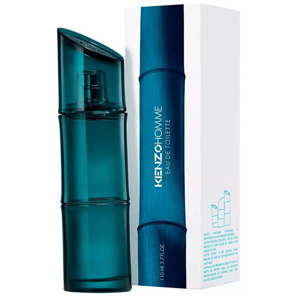 Türkisgrüner Flakon und Verpackung. Auf der Verpackung steht Kenzo Homme Eau de Toilette. 110 ml.