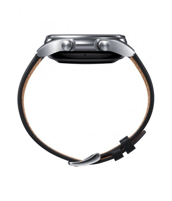 Smartwatch mit silbernem Gehäuse und schwarzem Lederarmband. Zwei Knöpfe an der Seite. Ansicht von der Seite.
