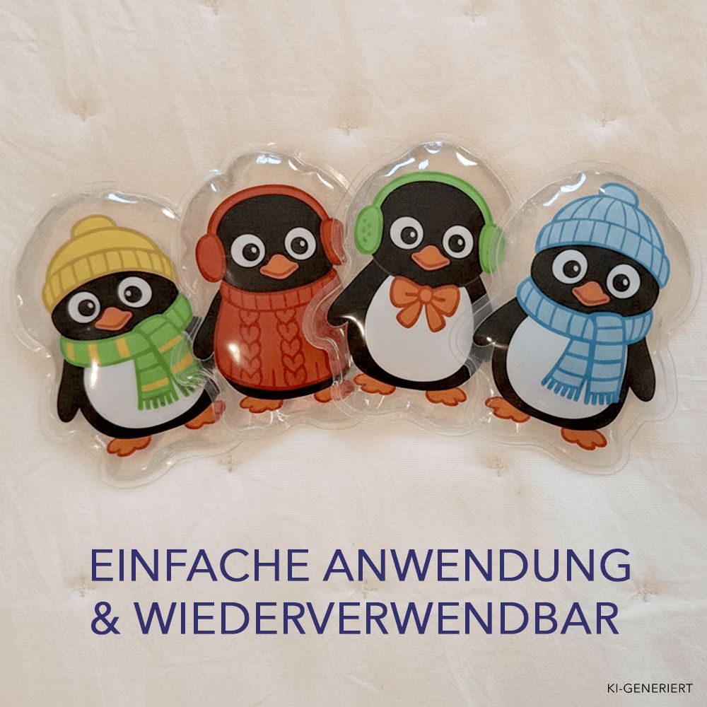 Vier Pinguin-Kalt-Warm-Kompressen liegen auf einer weichen Oberfläche. Text: Einfache Anwendung & Wiederverwendbar.