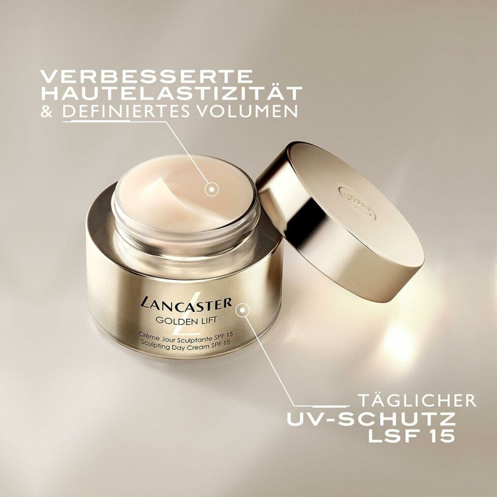 Geöffnete goldfarbene Creme-Dose. Aufschrift: Lancaster Golden Lift Crème Jour Sculptante SPF15. Text: Täglicher UV-Schutz LSF 15.