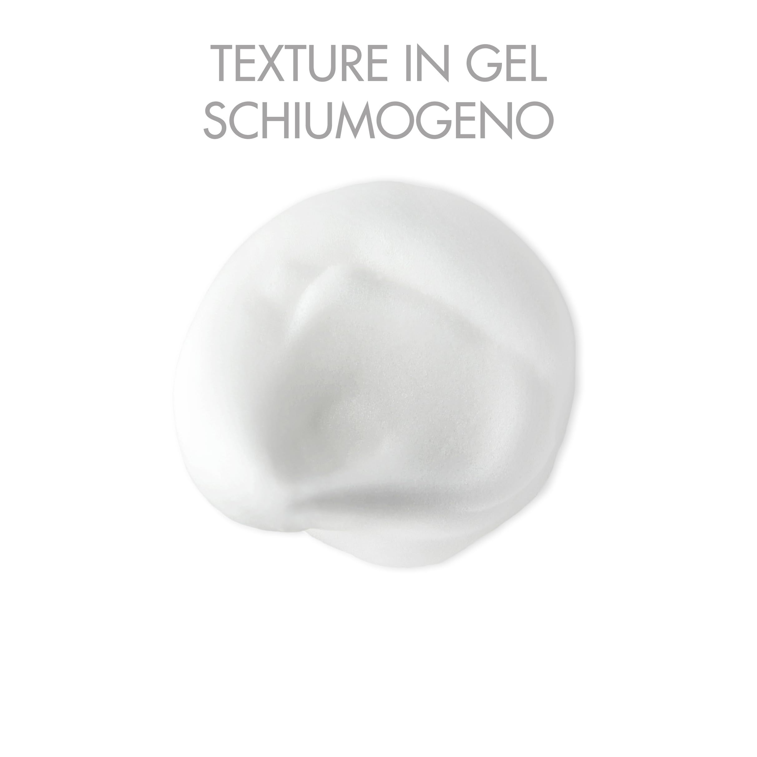 Nahaufnahme von weißem Rasierschaum auf weißem Hintergrund. Text: TEXTURE IN GEL SCHIUMOGENO.