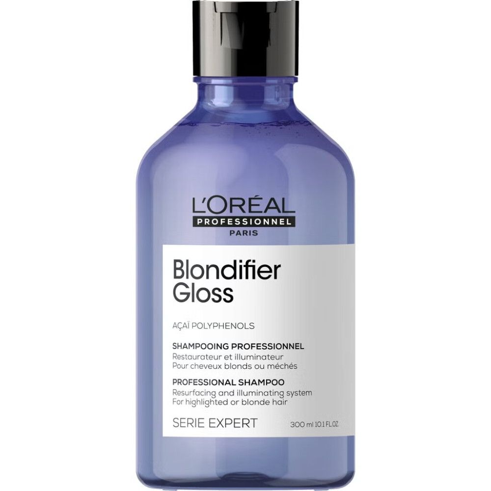 L'Oréal Professionnel Blondifier Gloss Shampoo in violetter Flasche mit schwarzem Deckel.